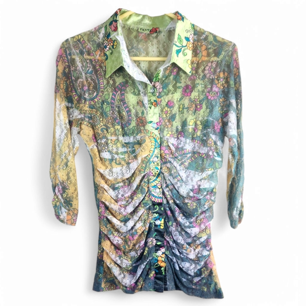 Y2K Fairy Floral Stretch Mesh Lace Top Collar Ruched Colorful Medium Button Frnt
